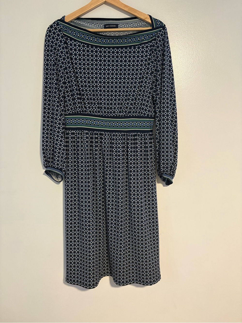 LK Bennett Navy and White Patterned Midi Dress with Green Trim